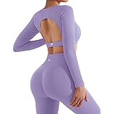 SUUKSESS 2 Piece Workout Sets for Women Long Sleeve Gym Sets Woman Butt Lifting Leggings Open Back Crop Tops