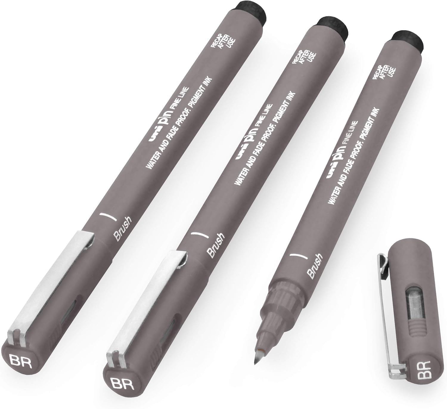 Uni Pin Fineliner Drawing Pen - Dark Grey Ink - Brush Nib - Pack of 3