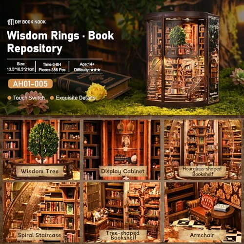 Kaayeewood Book Nook Kit, 3D Wooden Puzzles for Adults, DIY Miniature House Kit for Adults, Booknook with LED Light, Gifts for Family, Friends and Book Lovers, Bookshelf Decor(Wisdom Rings)