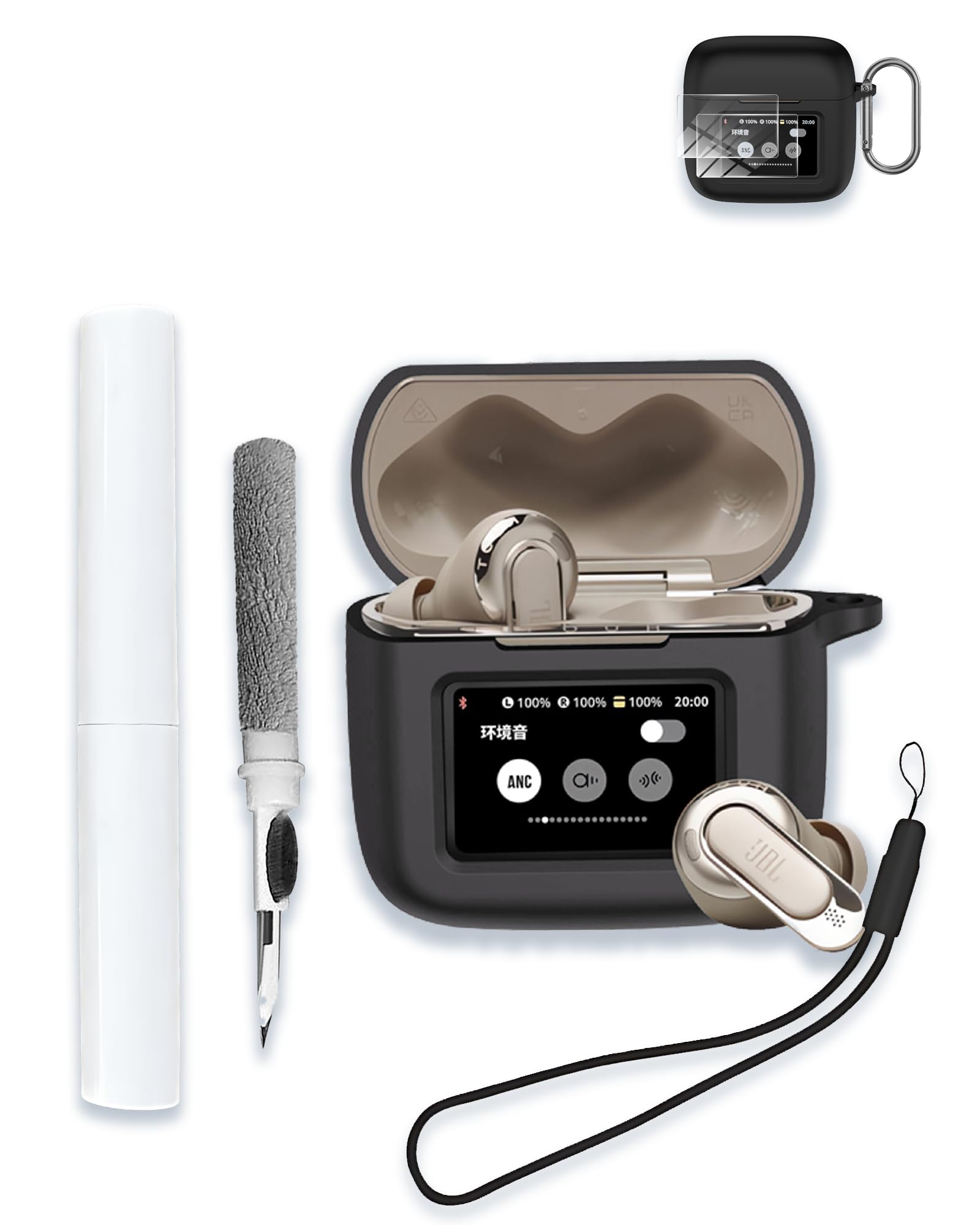 Photo 1 of Case for JBL Tour Pro 3 - True Wireless Noise Cancelling Earbuds, Soft Silicone Protective Portable Scratch Shock Resistant with 2pack Screen Protector &Cleaner Kit & Carabiner & Lanyard?Black