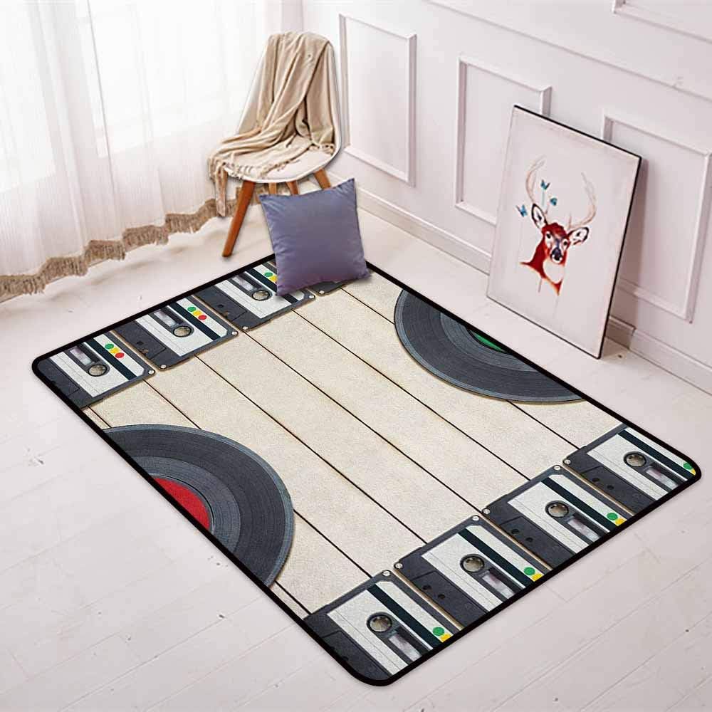 BottleTip Indie Multifunctional Round Carpet Top View of Audio Cassettes Gramophone Records Old School Retro Music Theme for Bedroom Modern Home Decor W35.4 x L47.2 Inch Black White Cream