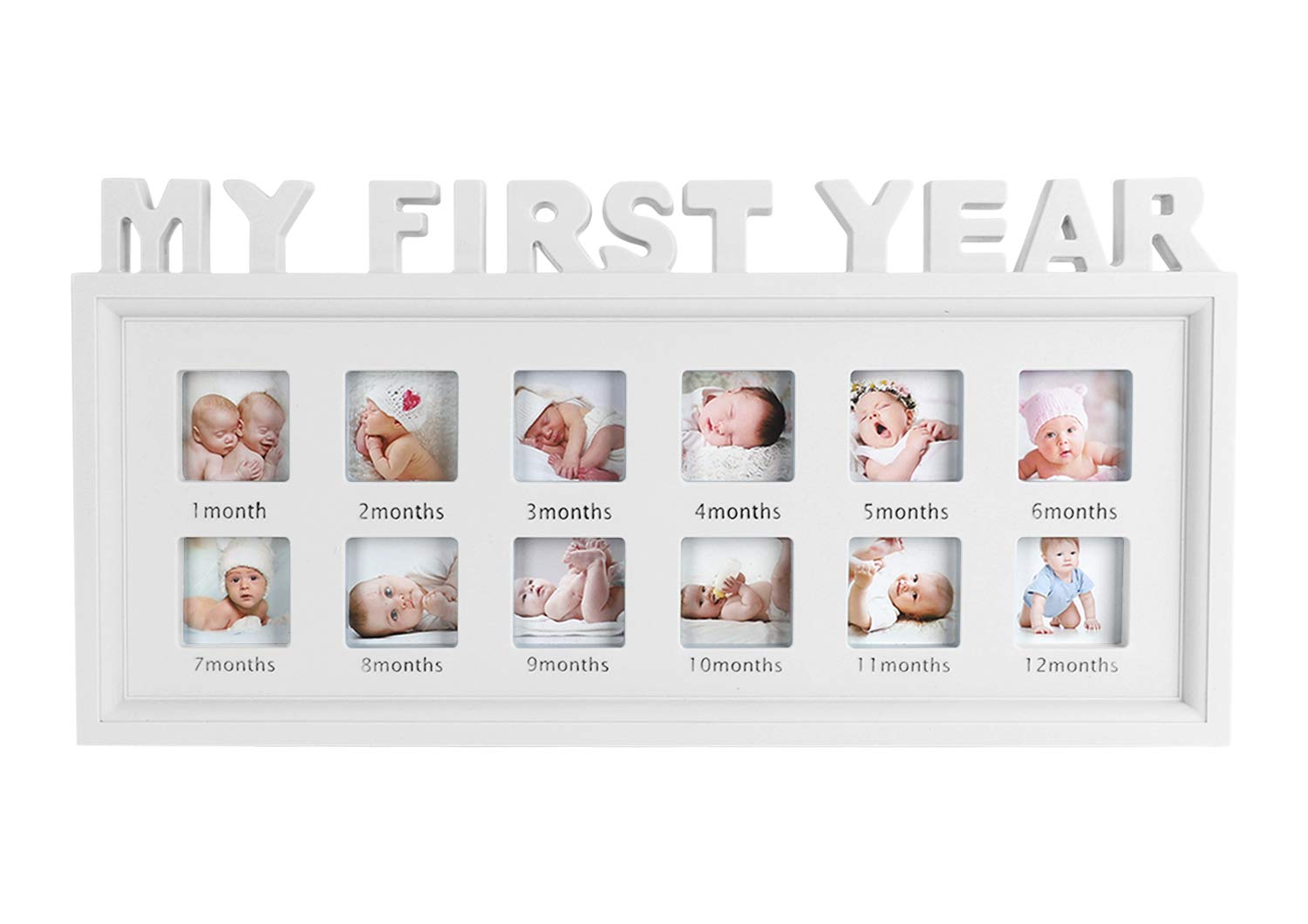 My First Year Baby Multi-Photo Frame holds 12 Photos - Baby Beautiful Multi-Photo Picture Frame - Baby 12 Photos Frame Perfect First Birthday Accessories for Baby's Birthday, Keepsake