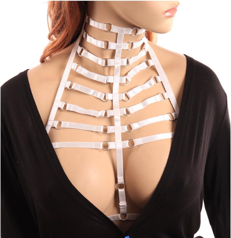 Womens Strappy Harness Full Body Cage Bra Black Elastic Fetival Dress (White)