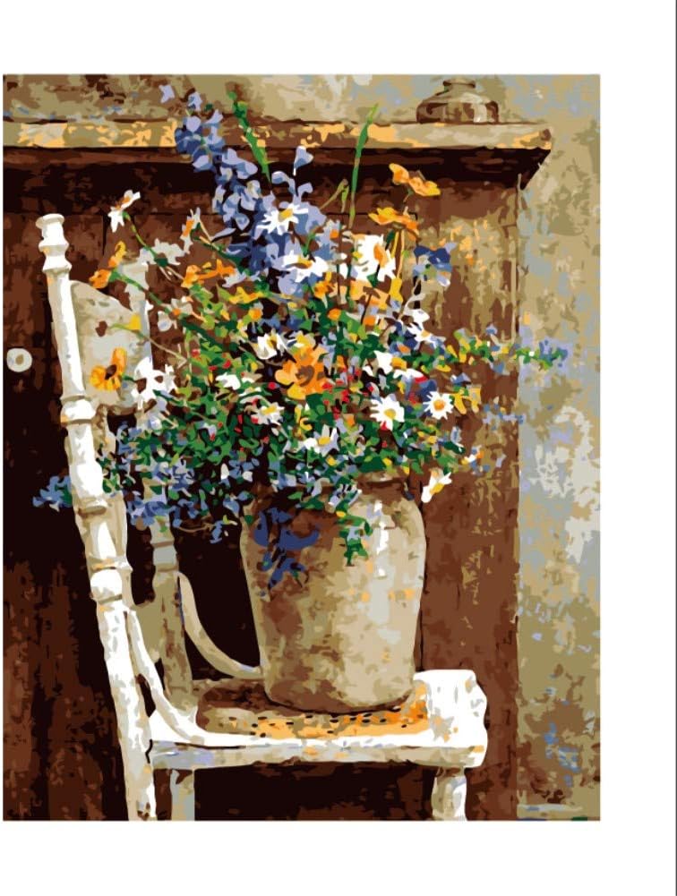 CaptainCrafts New Paint by Numbers 16x20  for Adults, Kids LINEN Canvas - Wild Flowers Pots Chair (Frameless)