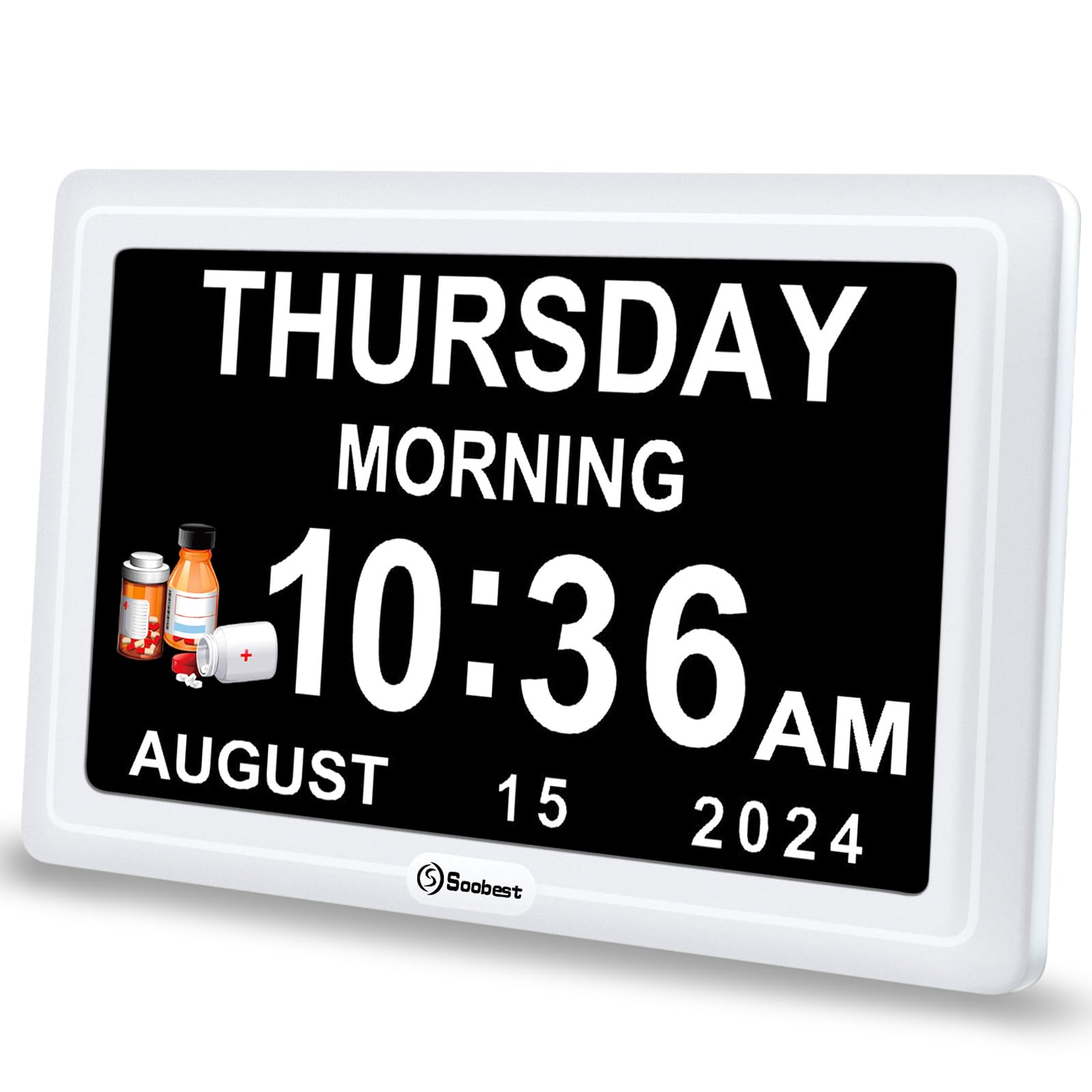 Soobest Dementia Digital Clock for Seniors Elderly, 20 Alarm Reminders 3 Ringtones for Memory Loss Alzheimers, Electric Time Date Day Large Display Calendar Clock, Auto DST, 1024 * 600P HD