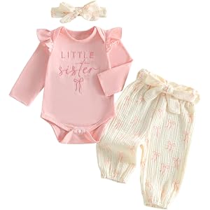Kaipiclos Newborn Baby Girl Clothes Little Sister Outfit Long Sleeves Romper Pants Baby Clothes for Girls 0 3 6 12 18 Months