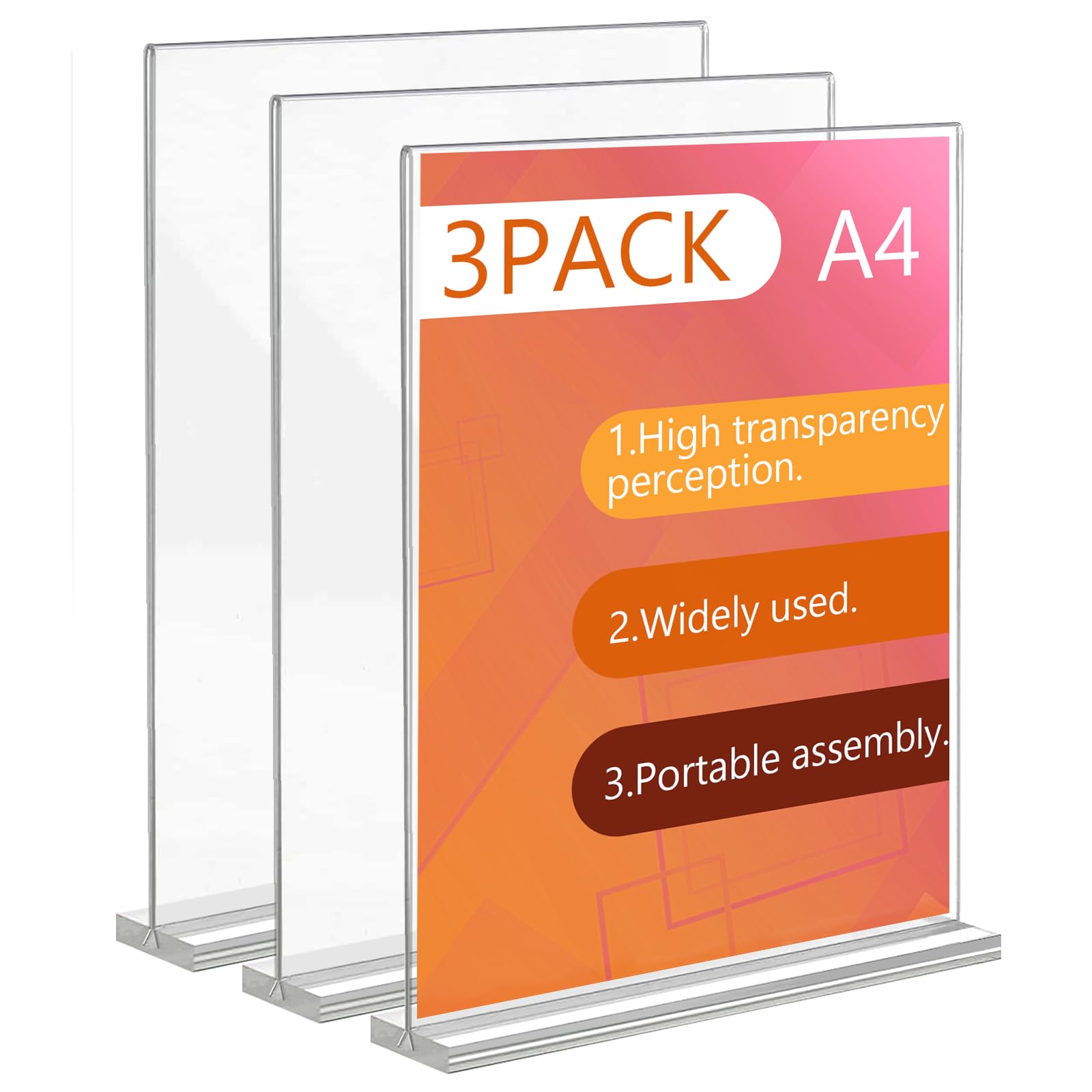 Zefphxs A4 Acrylic Sign Holder, 3 Pcs Clear Double Side Menu Holders, A4 Display Stand Perspex Display Stands for Poster, Restaurant, Office, Exhibition, Store