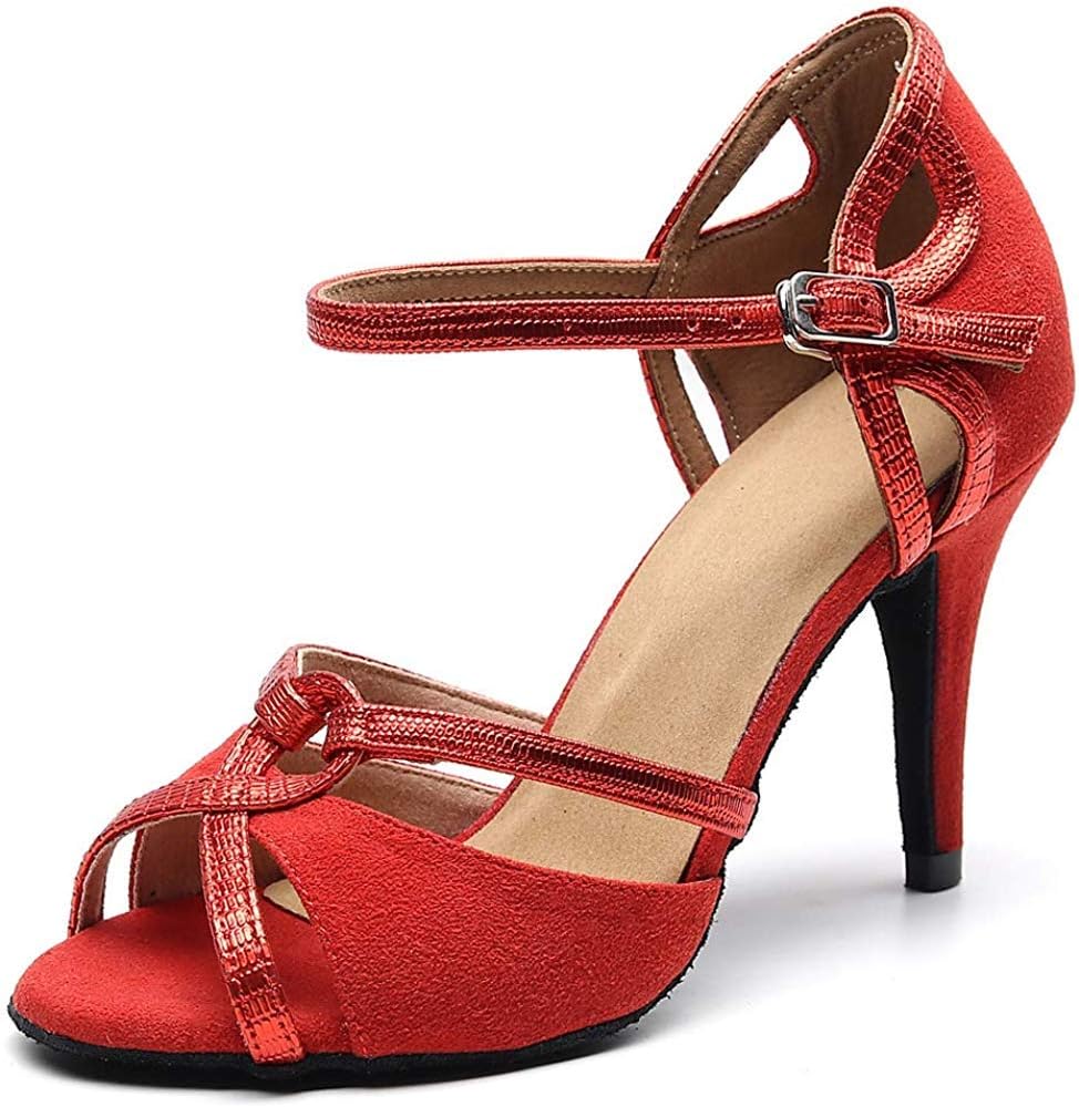 Purifit Women Ballroom Dancing Shoes Ladies Latin Sandals Suede Sole Heels Buckle-up