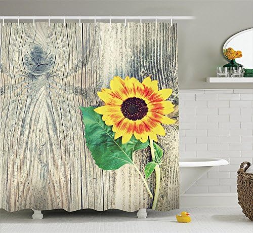 Sunflower Decor Shower Curtain Set, Sunflower On Wooden Old Board Bouqet Floral Gifts Of Mother Earth Artsy Photo, Bathroom Accessories,Brown Green Yellow 60X72 in