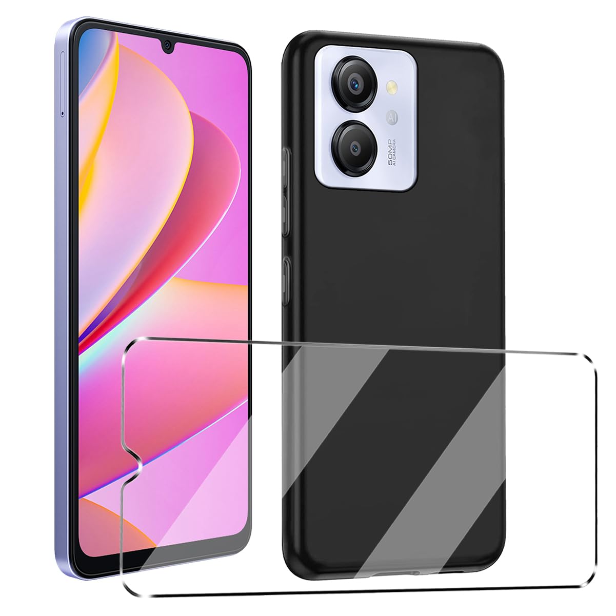 2-in-1 Case Compatible with Blackview Color 8 Oscal Modern 8 Cover with 1 Pack Tempered Glass Screen Protector for Blackview Color 8, Slim Fit Soft TPU Shockproof Anti-Scratch Phone Case Cover - Black