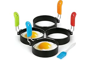 4-Pack Egg Rings with Oil Brush, Non-Stick Stainless Steel Round Mold with Anti-Scald Silicone Handle (Multi-Color), Perfect 