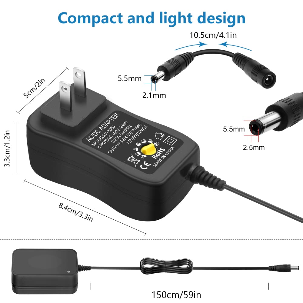 SHNITPWR AC Adapter 36W Universal Power Supply Adapter DC 3V ~ 12V Adjustable Power Converter 3V 4.5V 5V 6V 7.5V 9V 12V 500mA 1A 1.5A 2A 2.5A 3A with 14 Tips and Polarity Converter