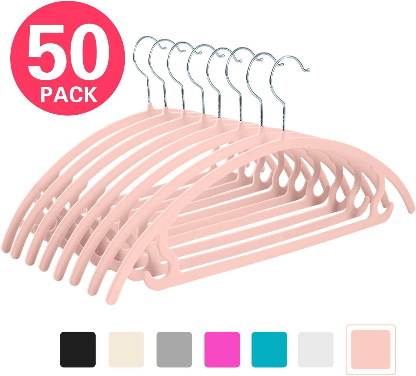 MIZGI Velvet Hangers (Pack of 50) Heavyduty- Non Slip No Shoulder Bump Suit Hangers - Chrome Hooks,Space Saving Clothes Hangers,Rounded Hangers for Coat,Sweater,Jackets,Pants,Shirts(Blush Pink/Rose)