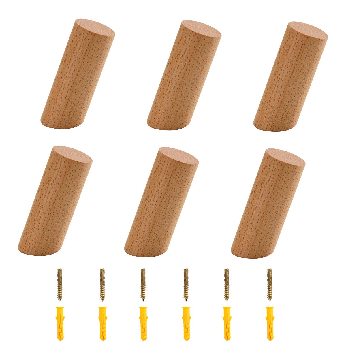 PROVO Pack of 6 Wooden Coat Hooks Natural Wall Mounted Solid Oak Hanger for Entrance, Coat Peg Coat Hanger for Hanging Clothes, Hat, Scarves in Bedroom, Living room, Hallway Decoration