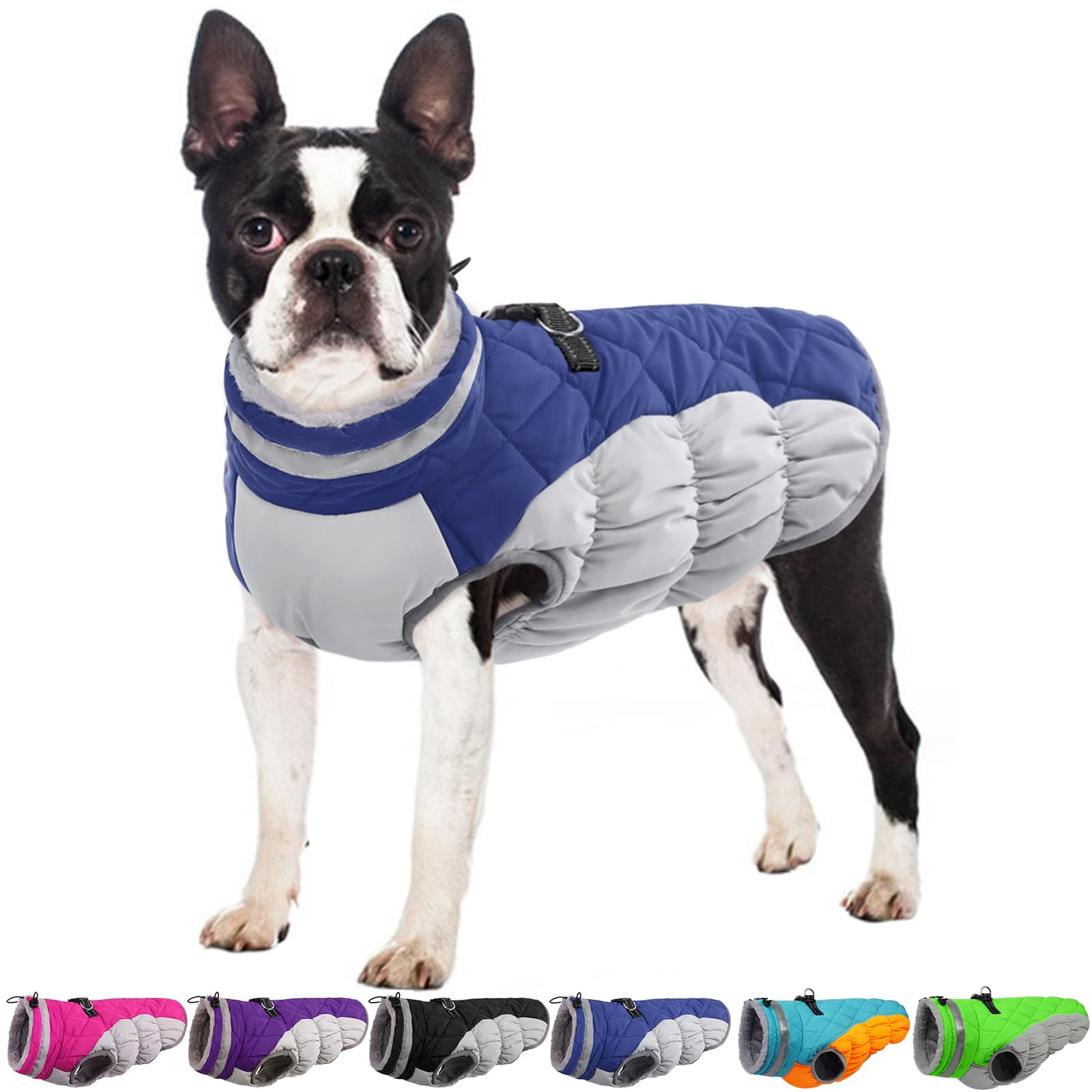 OUOBOB Winter Coat for Medium Dogs, Fleece Vest with Built-in Harness, Cold Weather Waterproof Snowsuit, Windproof Puffer Jacket, Blue M