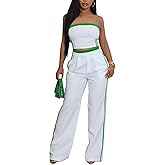 Tcremisa Womens Summer Striped 2 Piece Outfits Casual Tracksuits Sexy Tube Top and Straight Wide Leg Pants Set