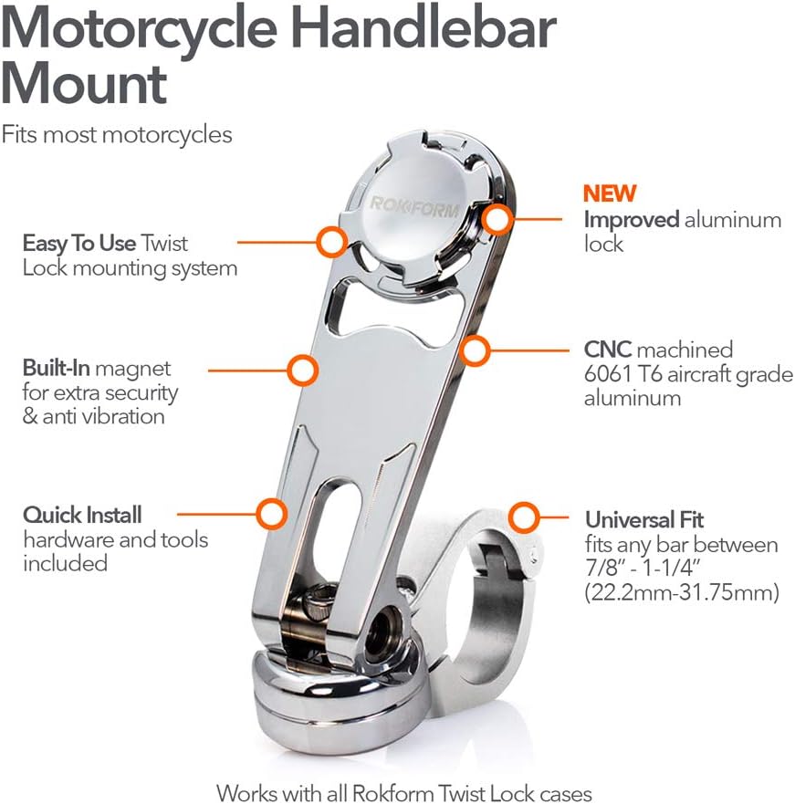 Rokform, Motorcycle Handlebar Mobile Mount, Mounts to Any Bike Handlebar Measuring from 22.2mm to 31.75mm (7/8", 1-1/4") - Image 3