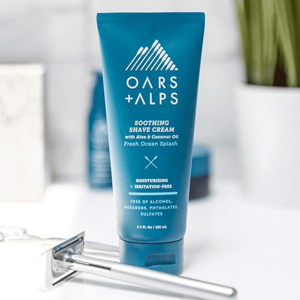 OARS + ALPS SOOTHING MEN’S SHAVING CREAM, DERMATOLOGIST TESTED AND INFUSED WITH ALOE AND COCONUT OIL, FRESH OCEAN SPLASH SCENT, TSA FRIENDLY, 3.4 OZ, 1 PACK