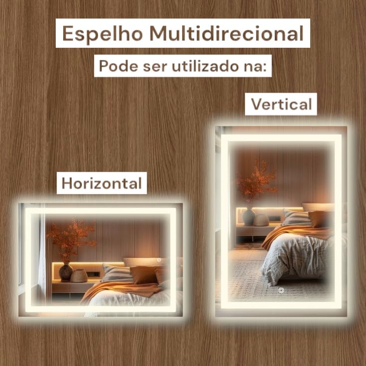 Espelho jateado lapidado decorativo Retangular Vertical ou horiontal 70x50cm luz led touch Dimerisável luxo iluminado (Led frio)