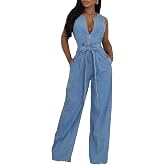 Denim Jumpsuit for Women Sleeveless High Waisted Jean Romper with Pockets | denim jumpsuits, slim fit, zip down, bow tie, belted, wide leg pants rompers, sexy, casual, v neck, one piece outfit