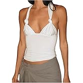 SOLY HUX Women's Halter Tops Deep V Neck Knot Tie Backless Sleeveless Ruched Going Out Summer Tank Top