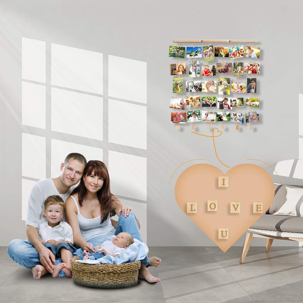 Uping Hanging Photo Display Wood Wall Photo Display Board with Rope and 30 Small Memo Clips | 66 cm x 74 cm | Design Photo Frame