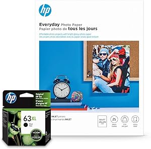 HP 63XL Black Ink + HP Everyday Photo Paper, Glossy, 25 Sheets, 8.5x11