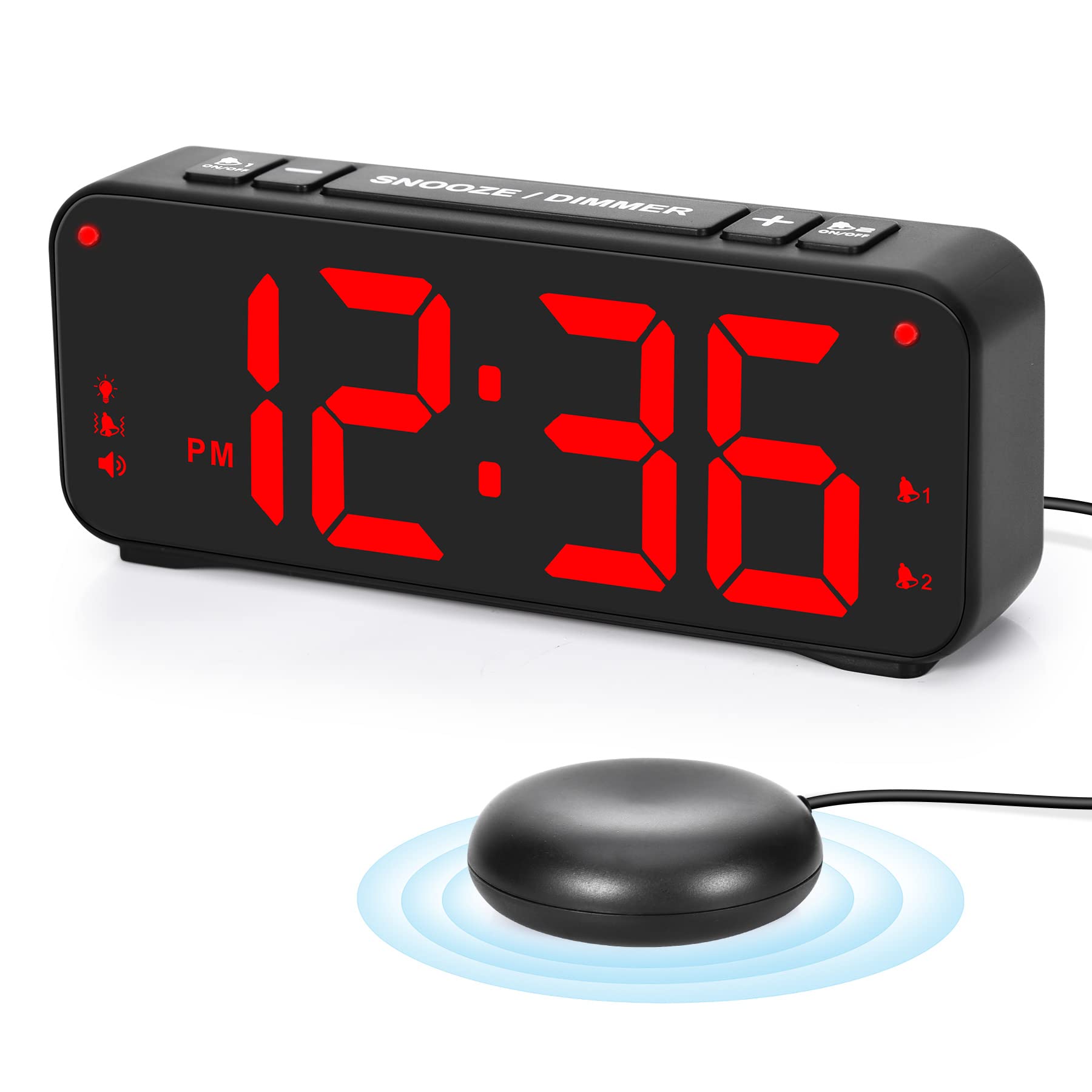 Sukeen Vibrating Alarm Clock for Heavy Sleepers, Alarm Clock Bedside with Loud Alarm, 6.5 Inch LED Digital Clock, 4 Dimmer/Volume/Alarm Modes/Intensity Settings-Black