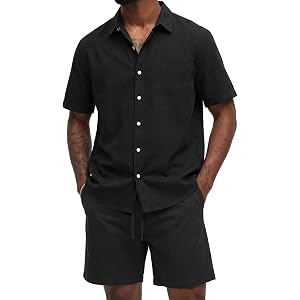 KYKU Mens 2 Piece Outfits Summer Beach Shirt and Shorts Set | with Pockets, Matching Set, Elastic Waist Drawstring Shorts, Br