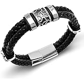 AIZU Braided Leather Wrap Bracelet - Black Brown Genuine Woven Leather Bracelet with Stainless Steel Magnetic Clasp for Men's Wristband Cuff - Mens Cross Christian Bracelet Leather