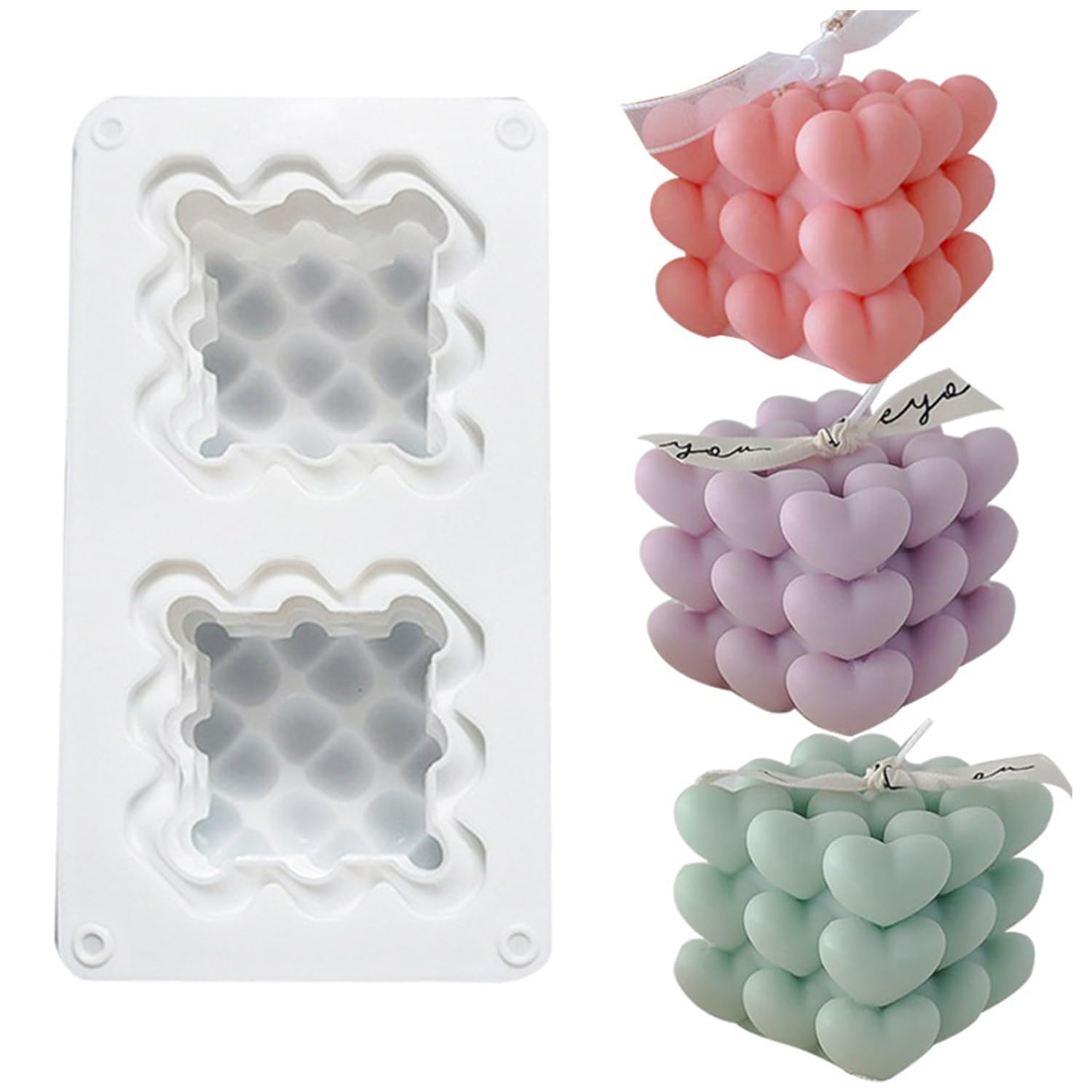 Photo 1 of 2 Cavity Heart Candle Molds Silicone 3D Heart Bubble Cube Valentine Silicone Molds for Candle Making Soap Resin Home Decor DIY