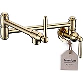YSNOL Pot Filler Faucet, Wall Mount Pot Faucets for Kitchen Sink with Double Reinforced Joint Swing Arms, Solid Brass Heavy Duty Folding Stove Faucet with 2 Handles(Brushed Gold)