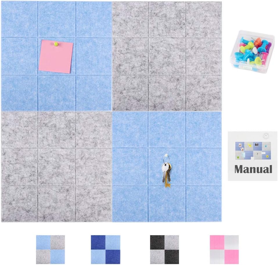 SEG Direct Large Square Felt Pin Board 11.8" x 11.8" for Wall | Memo Board, Bulletin Board and Notice Board with 15 Push Pins, Office Home Decor, 4PCS(2 Grey & 2 Blue)