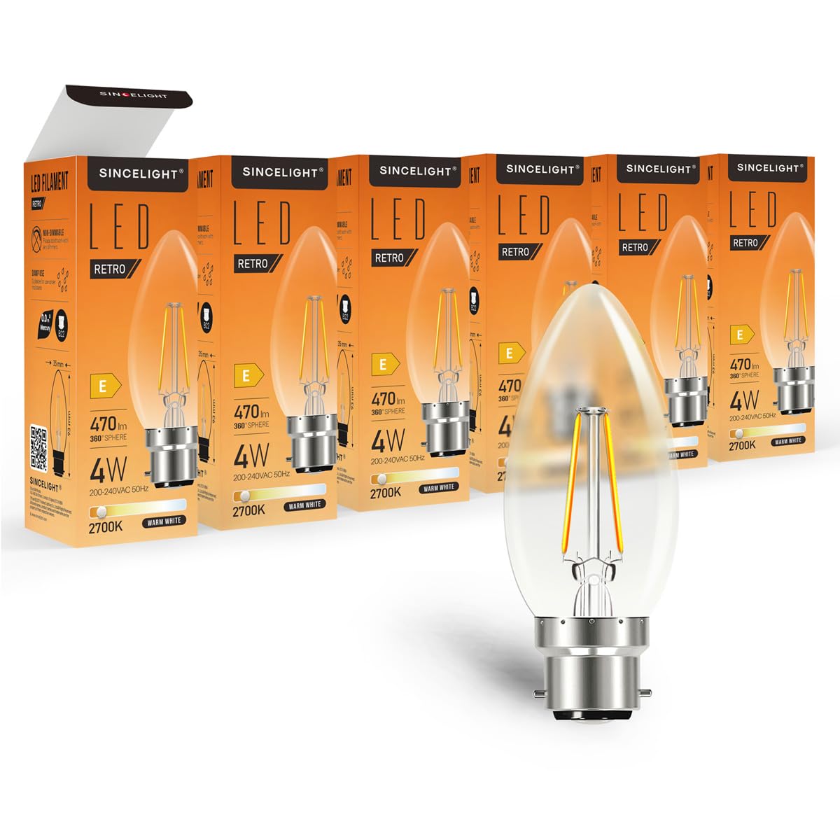 SINCELIGHT B22 LED Retro Filament Bulb, Vintage Candle-Like Bulb, 4W, 470lm Equivalent to 40W, Warm White 2700K, BC Bayonet Cap, Pack of 6