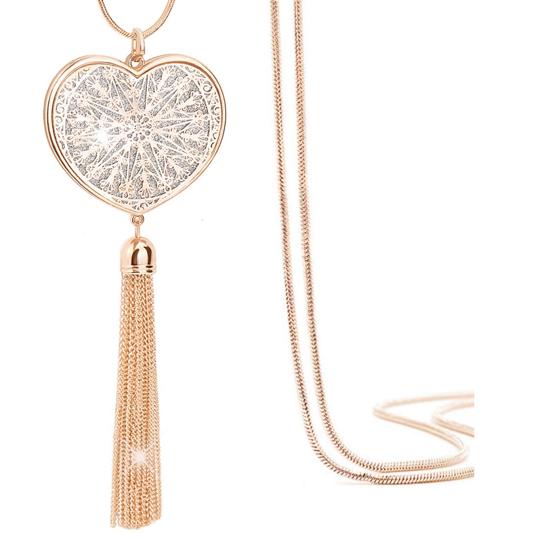 Suyi Long Tassel Necklace Hollow-out Heart Sweater Chain Y Pendant Necklace for Women Heart-Gold