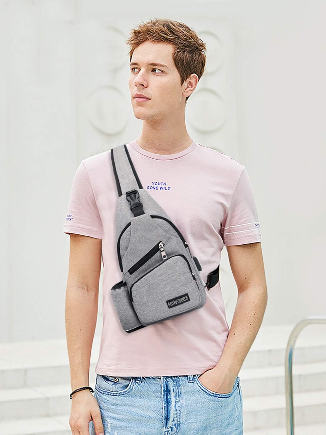 FANDARE Men Sling Bag Chest Pack Women Crossbody Bag with USB 7.9 inch Tablet Shoulder Bag for Travel Cycling Camping Hiking Waterproof Polyester Light Gray - Image 3