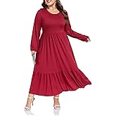 Moon Wood Women's Plus Size Maxi Dress Empire Waist Crew Neck Long Sleeve Dress with Pockets, Long Casual Dreses Daily Wear