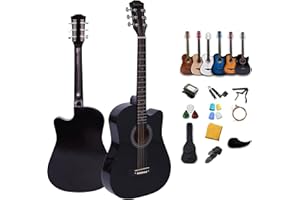 Rosefinch 38 inch Acoustic Beginner Guitar 3/4 Size Basswood Glossy Folk Guitar Starter Kits W/Bag Picks Capo Strap Steel Strings 38 inch Black