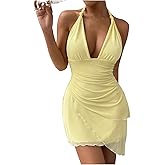 SHENHE Women's Sexy Halter Tie Mini Dress Backless Ruffle Trim Deep V Neck Lace Mesh Plunge Party Dress