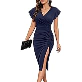 ihot 2026 Women's Sexy V Neck Ruffle Sleeve Side Slit Ruched Bodycon Faux Wrap Cocktail Party Wedding Guest Midi Dress