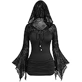 DRESSFO Women's Gothic Spider Web Hooded Top – Plus Size Flocking Lace Ruched Sheer Mesh Shirt with Flare Sleeves
