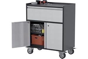 Aobabo Metal Storage Cabinet with Wheels, Mobile Metal Garage Cabinet with 1 Drawer and 2 Locking Doors, Small Rolling Tool Storage Cabinet, Assembly Required, Black/Gray