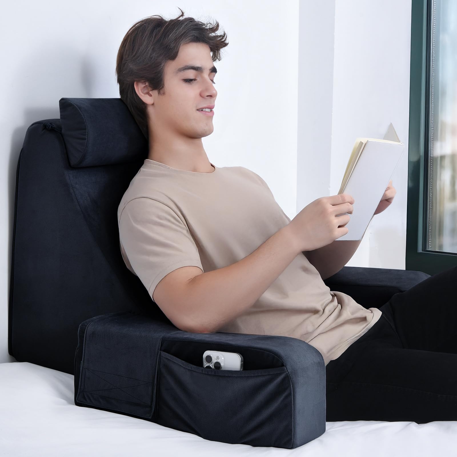 ENITYA Reading Pillow for Sitting in Bed Adult, 21" Large Back Pillow for Sitting up, Bed Rest Pillows for Reclining/Watching TV/Reading/Gaming/Resting in Couch or Floor, Black