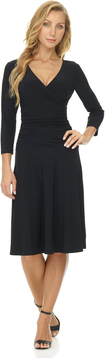 RekucciWomen's Slimming 3/4 Sleeve Fit-and-Flare Crossover Tummy Control Dress