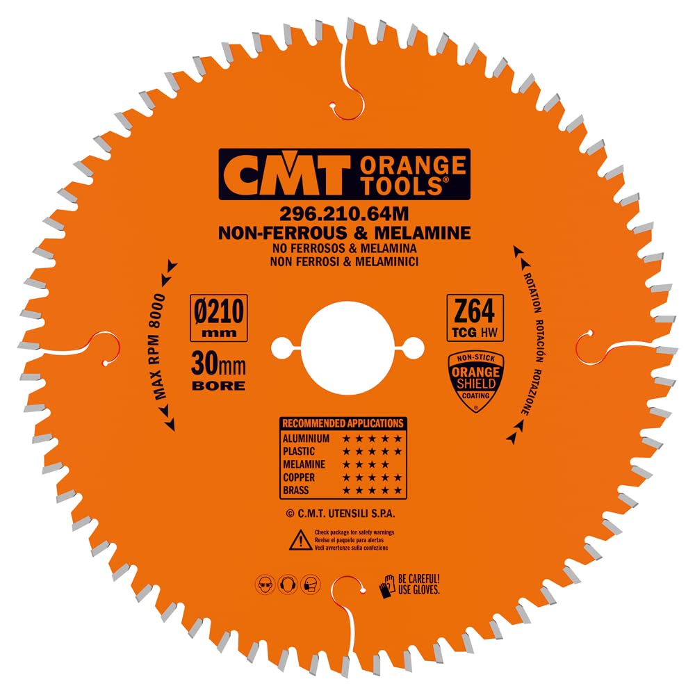 CMT 296.210.64M - Non-Ferrous Metal, PVC and Melamine Blade and 8-1/4-Inch by 64 Teeth TCG Grind with 30mm Bore