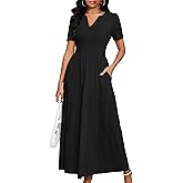 MarryUP Women Casual Loose Maxi Dress with Pockets V Neck Short Sleeve Tiered Long Summer Beach Swing Dresses