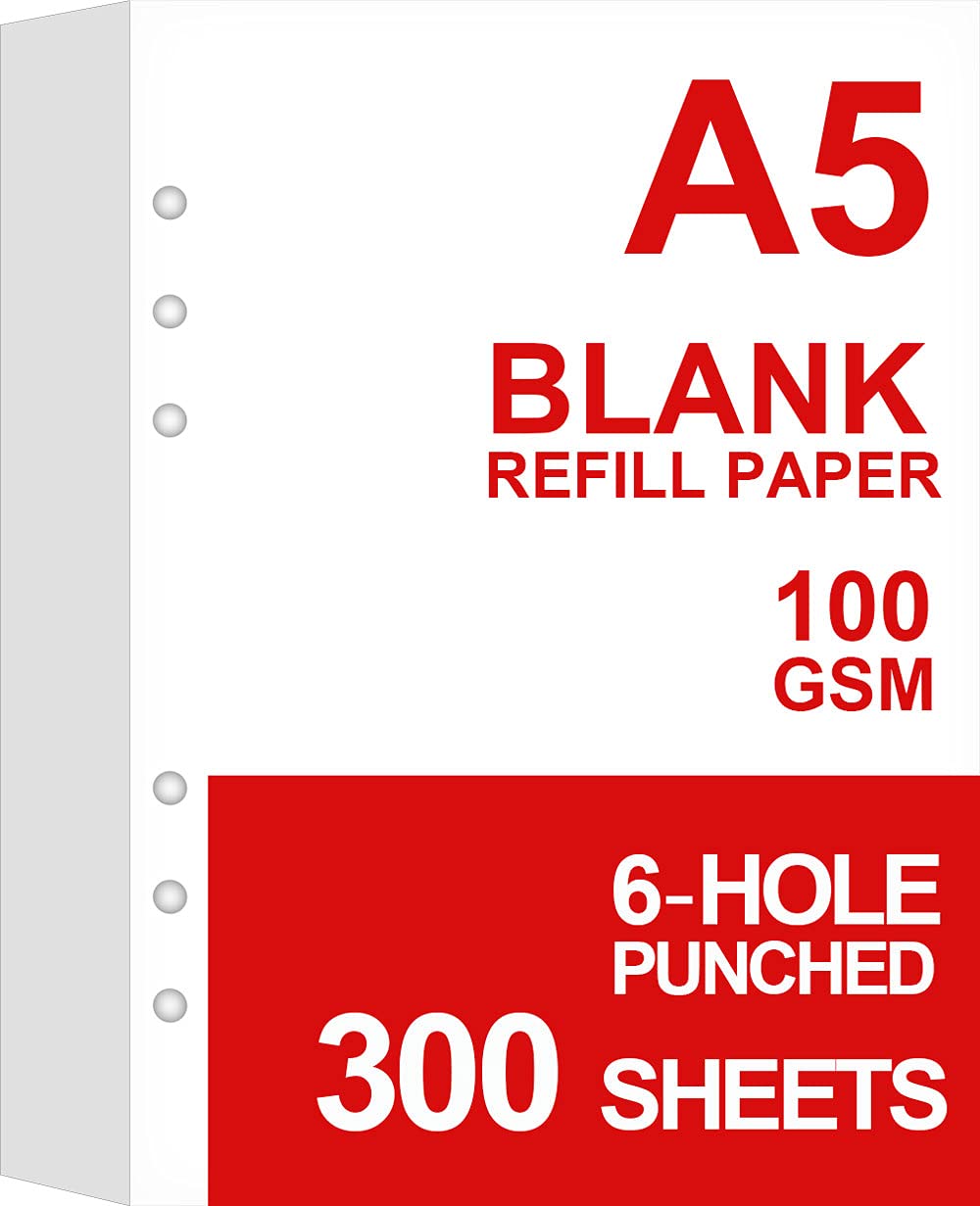 (3 Pack) A5 Blank Paper Refills, 6 Hole Punched, 300 Sheets/600 Pages Loose Leaf Paper for Large Leather Journal/Filofax Binders, 100gsm Blank Printing Paper, 5.8'' x 8.2''