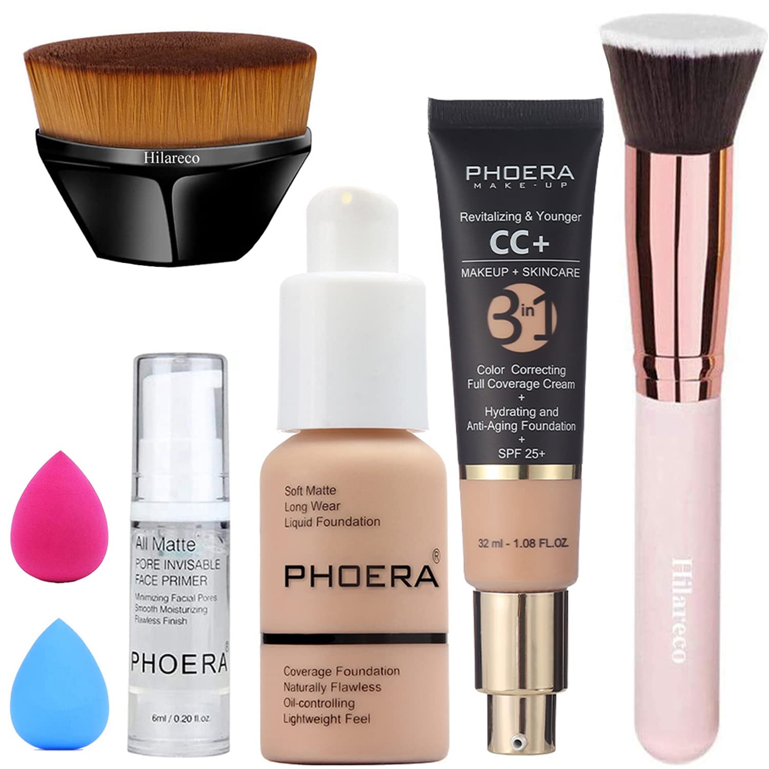 PHOERA CC+ Cream Color Correcting Anti Aging Hydrating Serum & SPF 25+, PHOERA Primer, Kabuki Makeup Brushes Foundation Brush (103+120CC/ Warm Peach+Nude CC Cream)