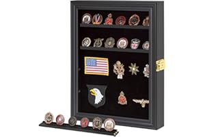 Verani Medals Display Case - Military Challenge Coin Display Shadow Box - Pin Display Cabinet with Removable Shelves and Pinnable Background for Badges Ribbons Insignia Buttons Small Black