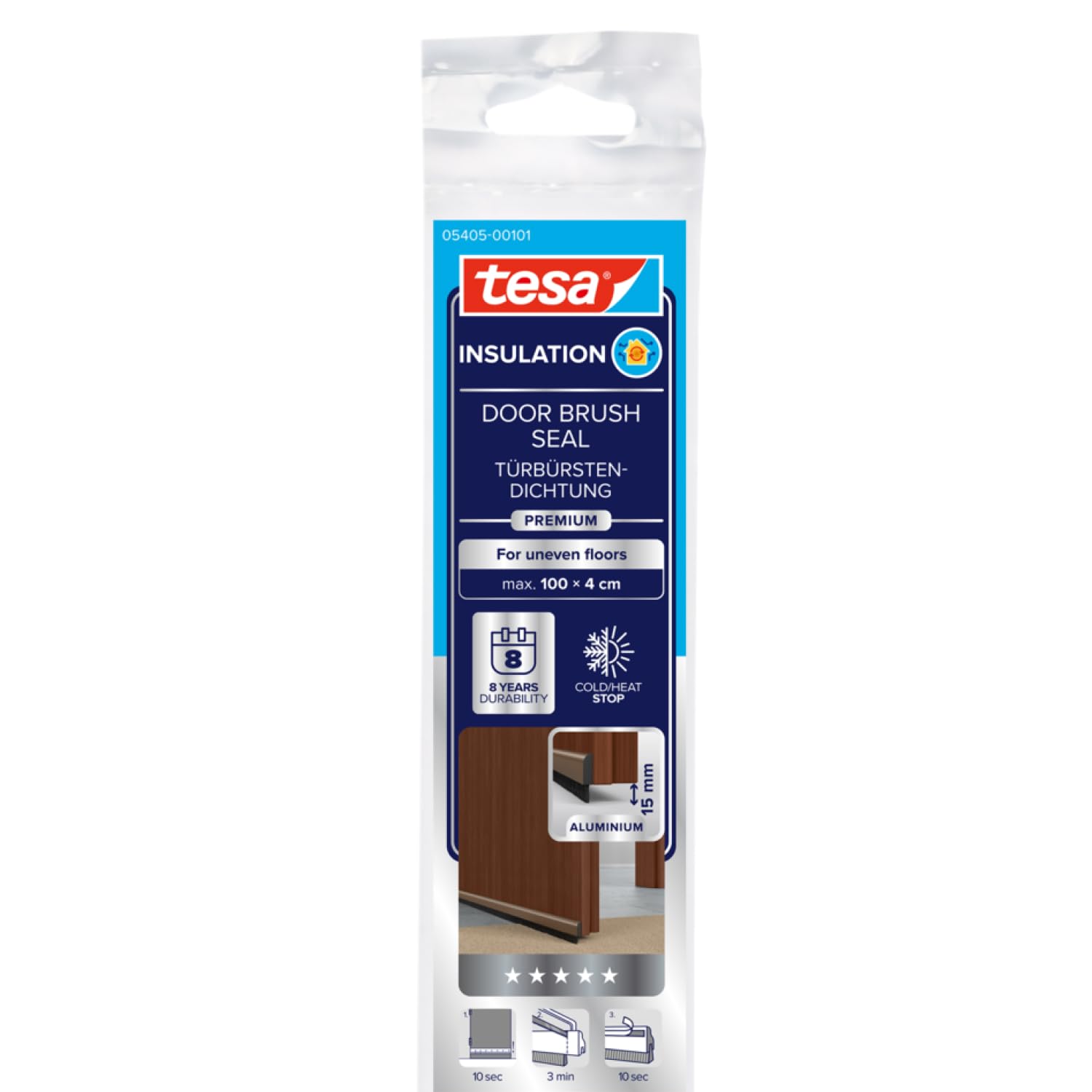 tesa Insulation Door Brush Seal for Uneven Floors - Self-Adhesive Aluminum Door Seal to Protect Against Draughts - Brown - with Brush Seal up to 15 mm